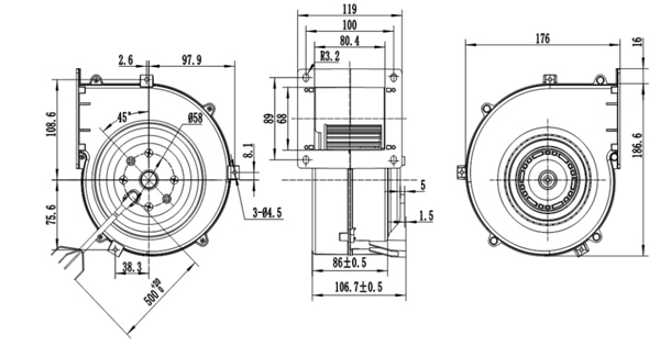 Dimension of DG120C-D072A6 Forward Curved Single Inlet Φ 120-62