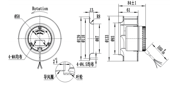 Dimension of BC133A-D72A Backward Curved Fan Φ 133-60