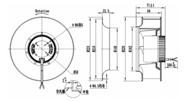 Dimension of BC220A-D092A Backward Curved Fan Φ 220-62