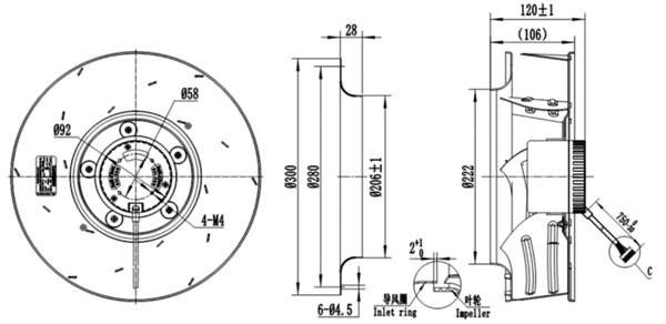 Dimension of BC310B-D092A Backward Curved Fan Φ 310-106 Dimension of BC310B-D092A Backward Curved Fan Φ 310-106