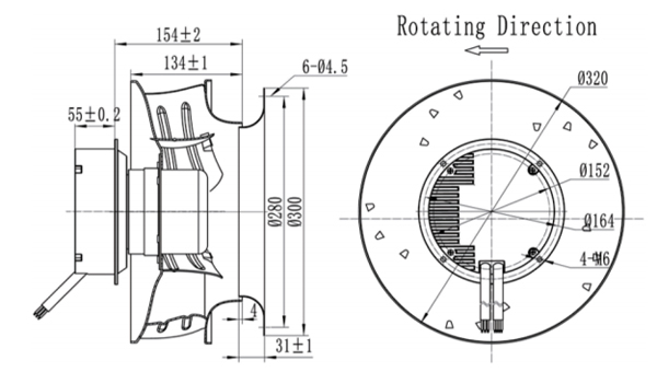 Dimension of BC310A-E092C3 Backward Curved Fan Φ 310-140